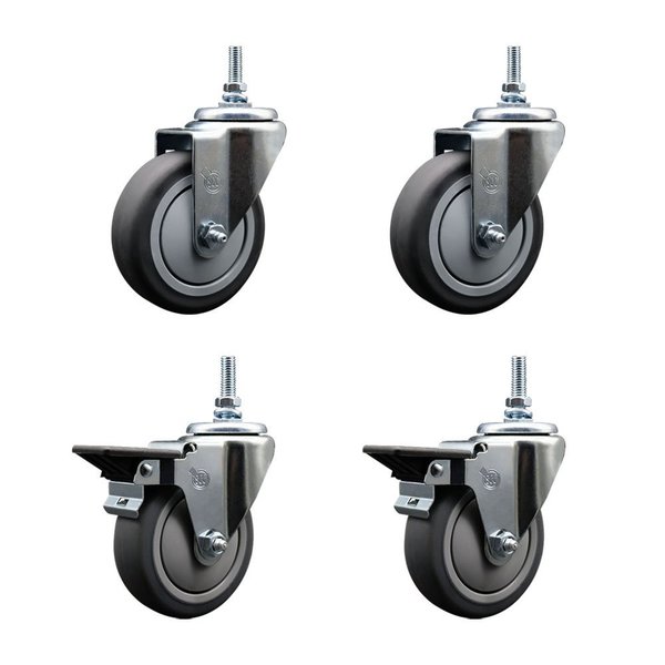 Service Caster 4 Inch Thermoplastic Rubber 38 Inch Threaded Stem Caster Set 2 Brakes SCC SCC-TS20S414-TPRB-381615-2-PLB-2